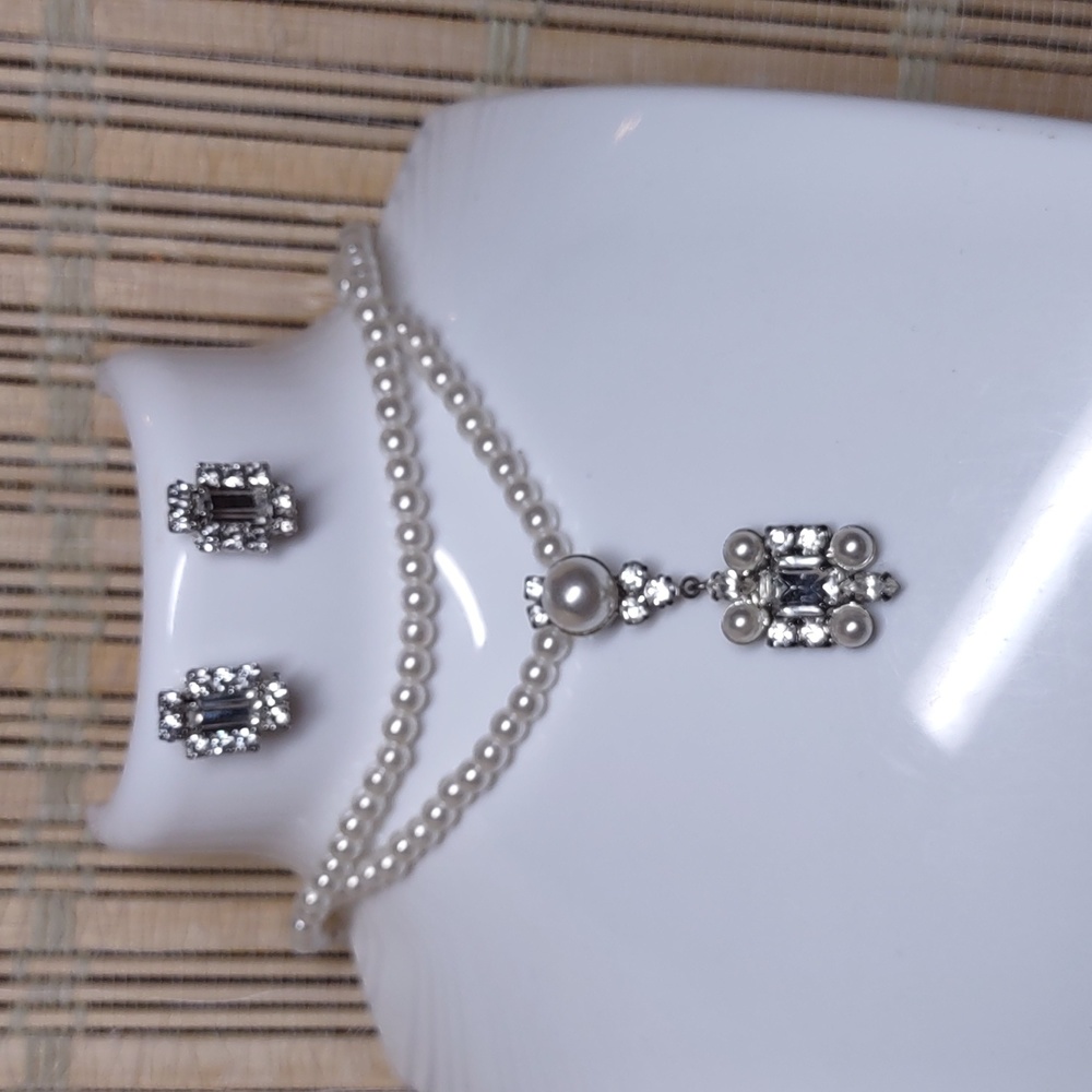 Vintage Pearl and Rhinestone Choker  and Earrings
